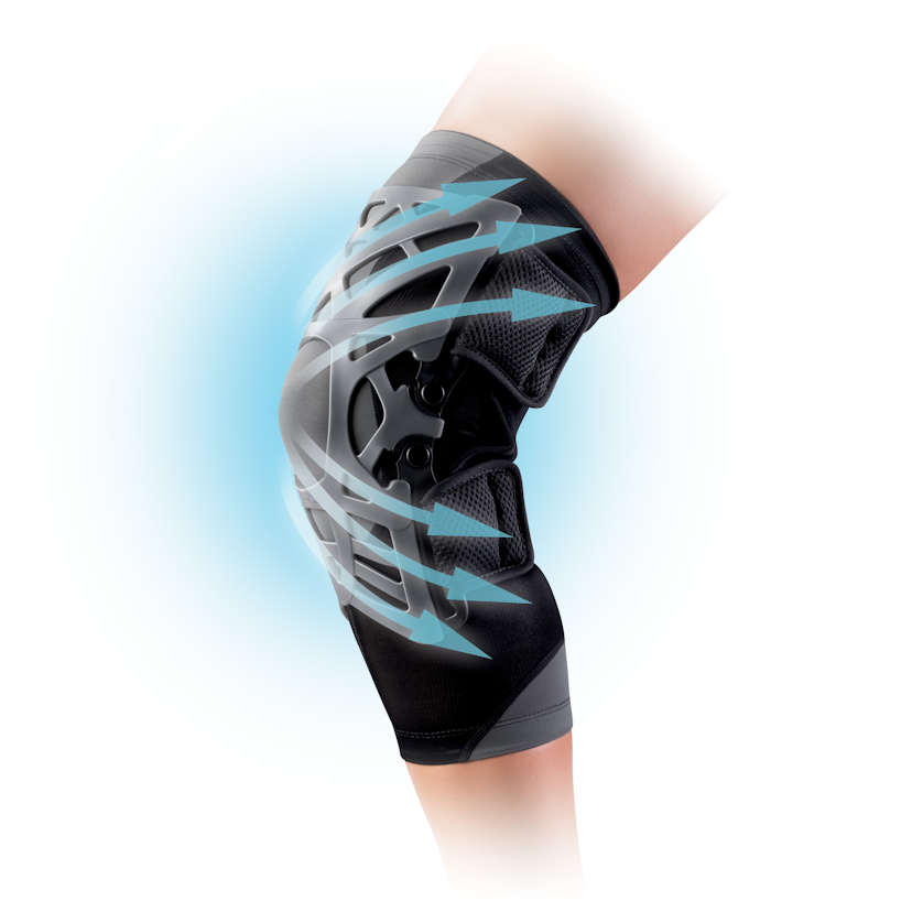 Zusatzbild DONJOY® Matrix PT am Bein mit Kraftlinien, Orthese zur Entlastung und Sicherung des Patellagleitweges